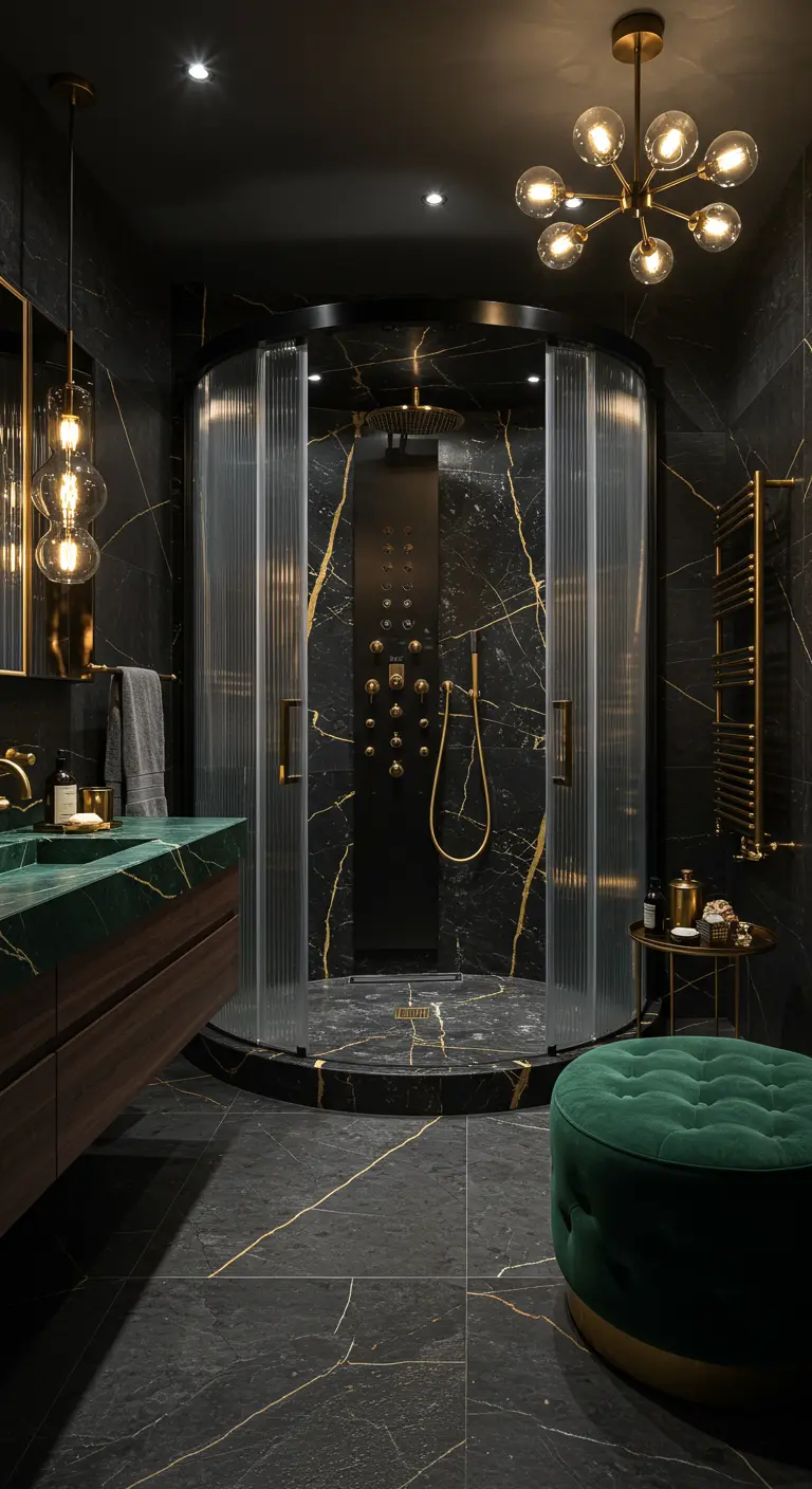 Zwart marmeren badkamer met ronde douche, gouden accenten en groene fluwelen poef.