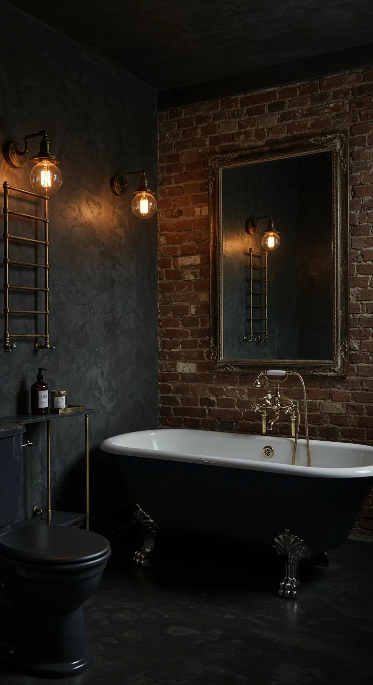 Donkere badkamer met bakstenen muur, zwart vrijstaand bad en vintage spiegel.