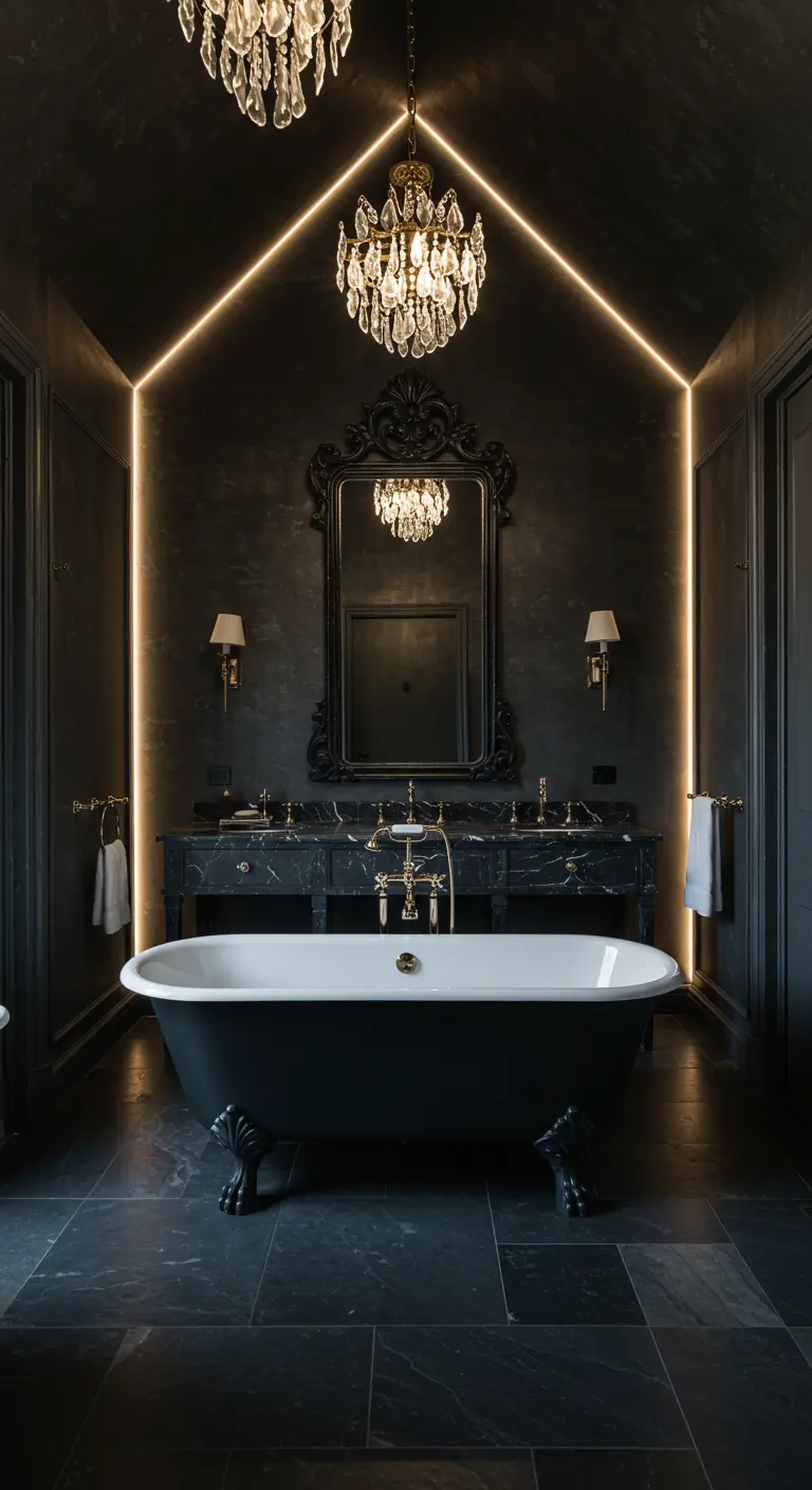 Donkere badkamer met kristallen kroonluchters, lineaire LED-verlichting en gouden accenten.