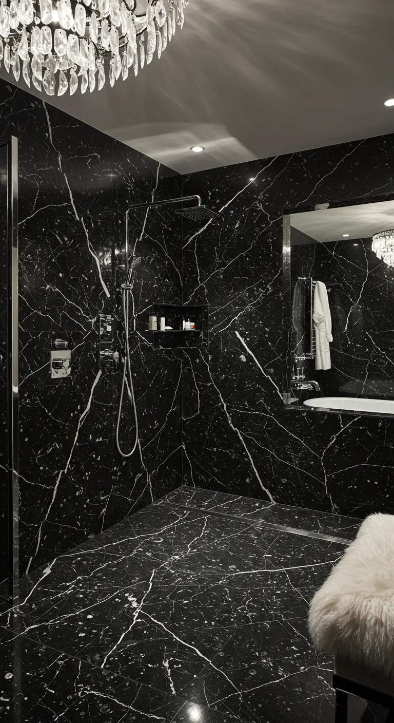 Luxe badkamer met zwarte marmeren wanden en vloer, glazen douchewand en kristallen kroonluchter.