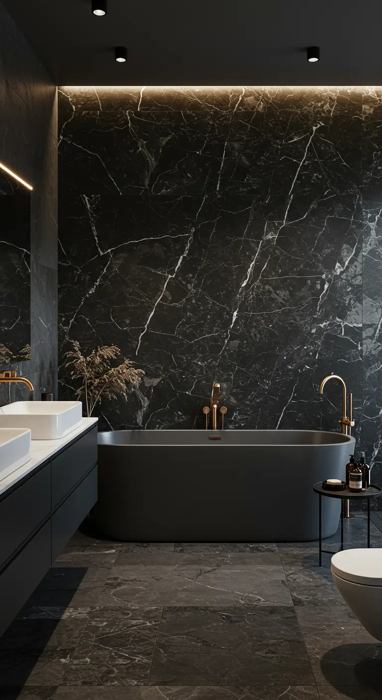 Luxe badkamer met zwart marmer, gouden kranen en matzwart bad.