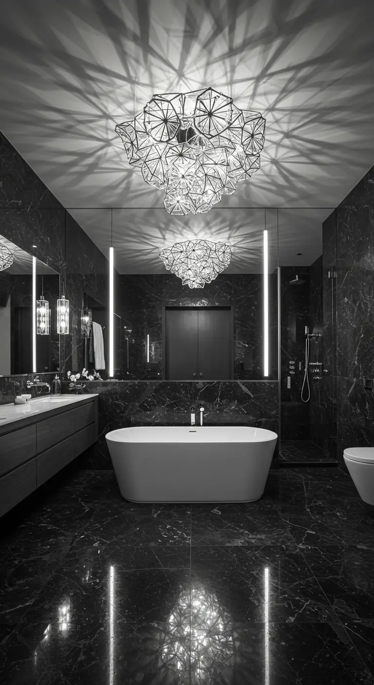 Donkere marmeren badkamer met een grote, moderne design plafondlamp die reflecteert op de vloer.