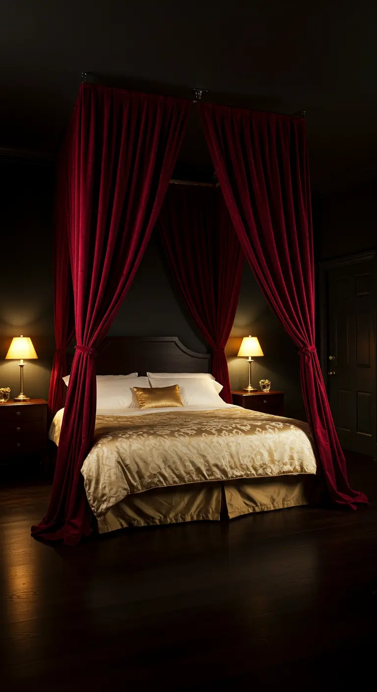 Donker bed met dieprode fluwelen gordijnen als hemel, en goudkleurig beddengoed.