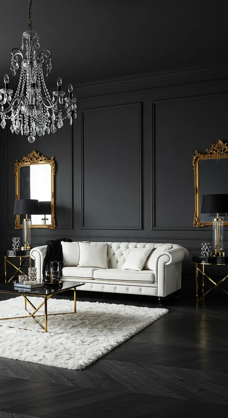 Zwarte woonkamer met witte Chesterfield bank, gouden spiegels en een grote kristallen kroonluchter.