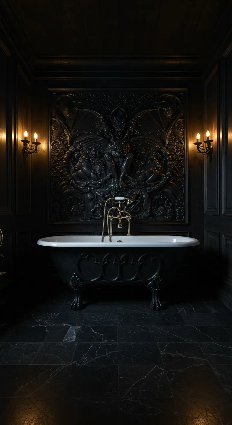 Donkere, gotische badkamer met een vrijstaand zwart bad en een groot, gedetailleerd zwart sculptuurpaneel.