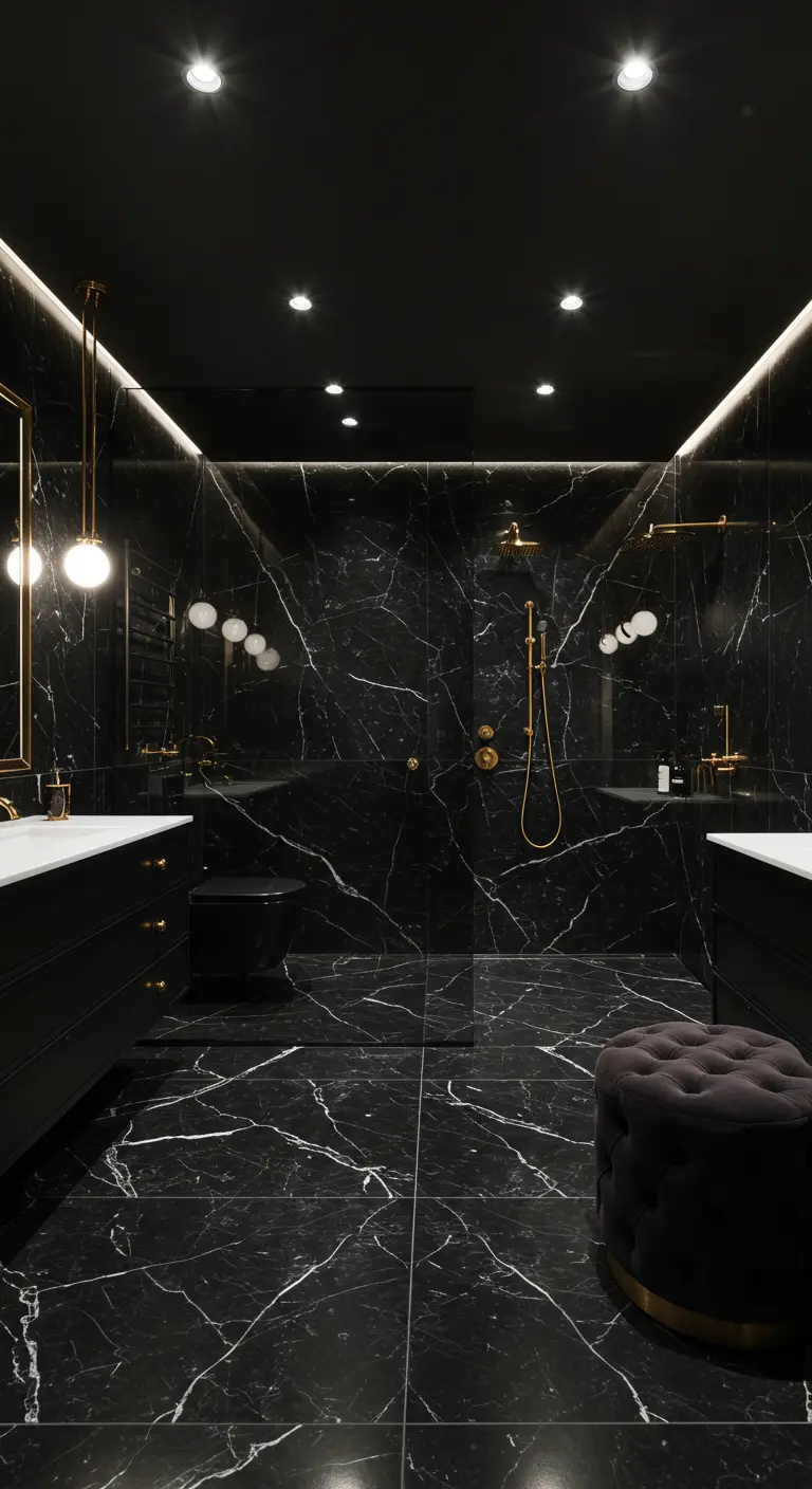 Luxueuze zwarte marmeren badkamer met gouden accenten en centrale glazen douche.