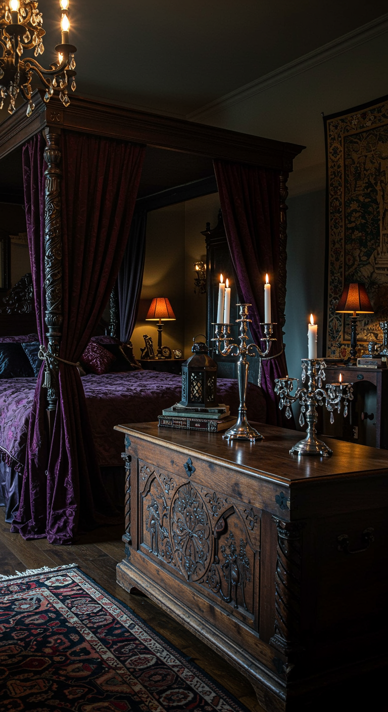 Donkere, sfeervolle slaapkamer met een grote antieke houten kist aan het voeteneind.
