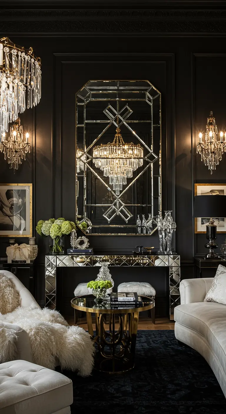 Zeer grote, rijk gedecoreerde spiegel boven een zwarte console in een donkere, luxe woonkamer.