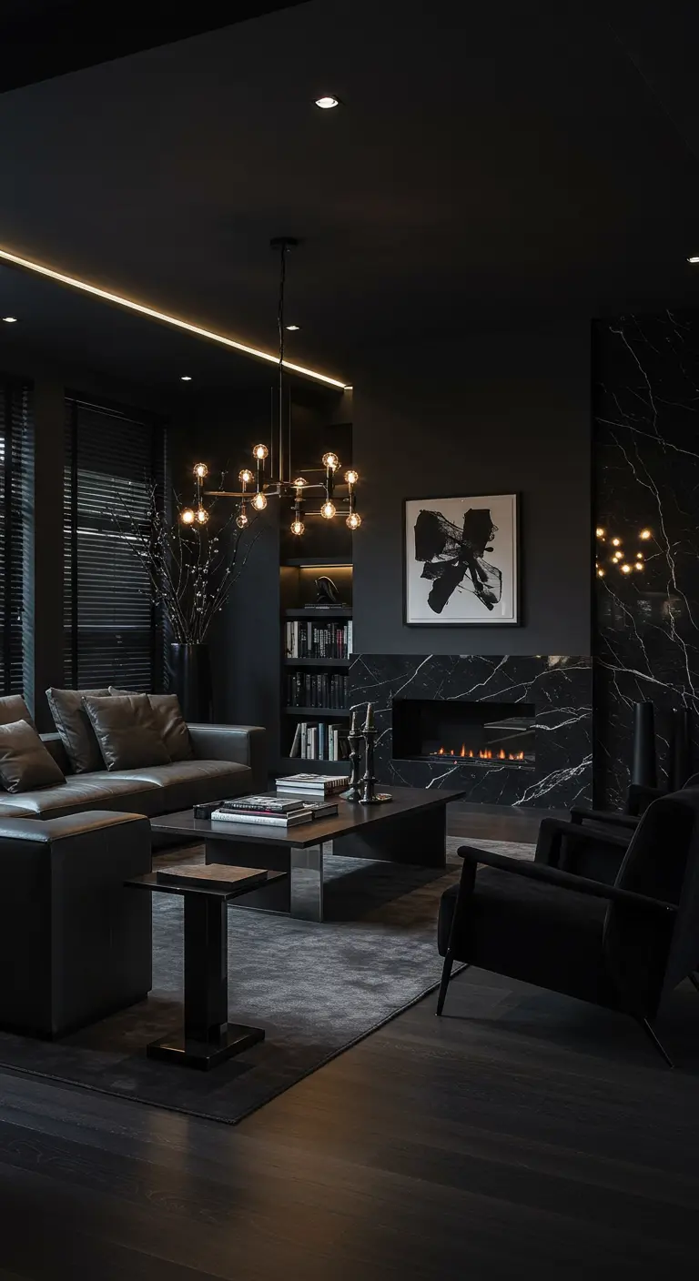 Donkere, luxe woonkamer met zwarte muren, leren bank, marmeren open haard en gouden verlichting.