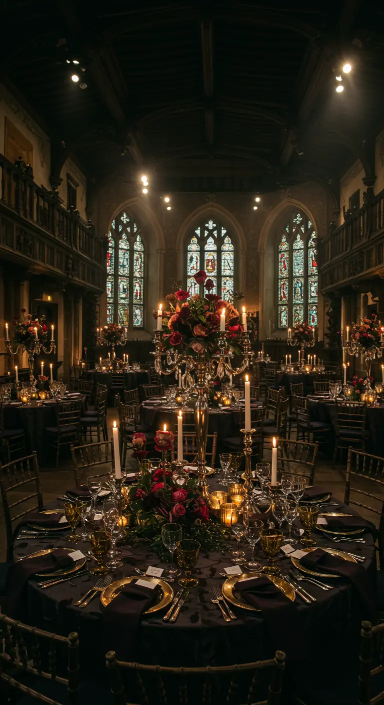Gotische zaal met kandelaars, donkere bloemen en goud bestek.