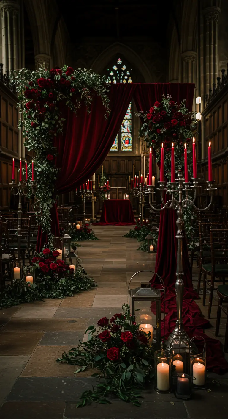 Gotische kerksetting voor bruiloft met rode fluwelen draperieën, veel kaarsen en donkergroen.