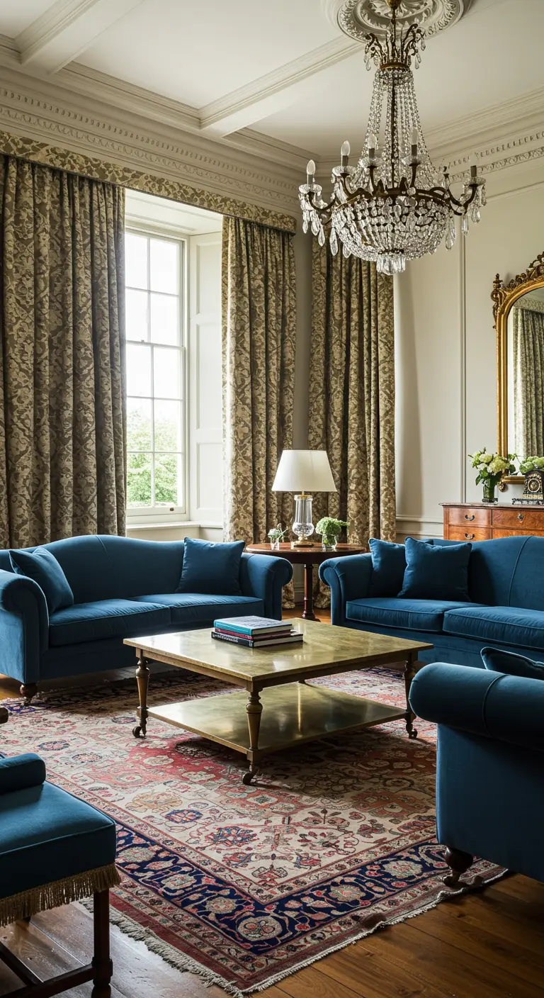 Klassieke woonkamer met zware, gedessineerde gordijnen, een antieke kroonluchter en blauwe banken.