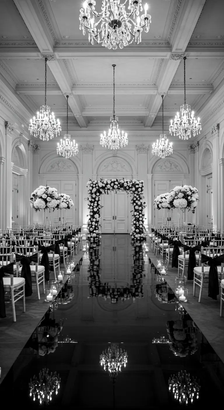 Elegante zwart-wit ceremonie met reflecterend zwart gangpad en witte bloemenpracht.