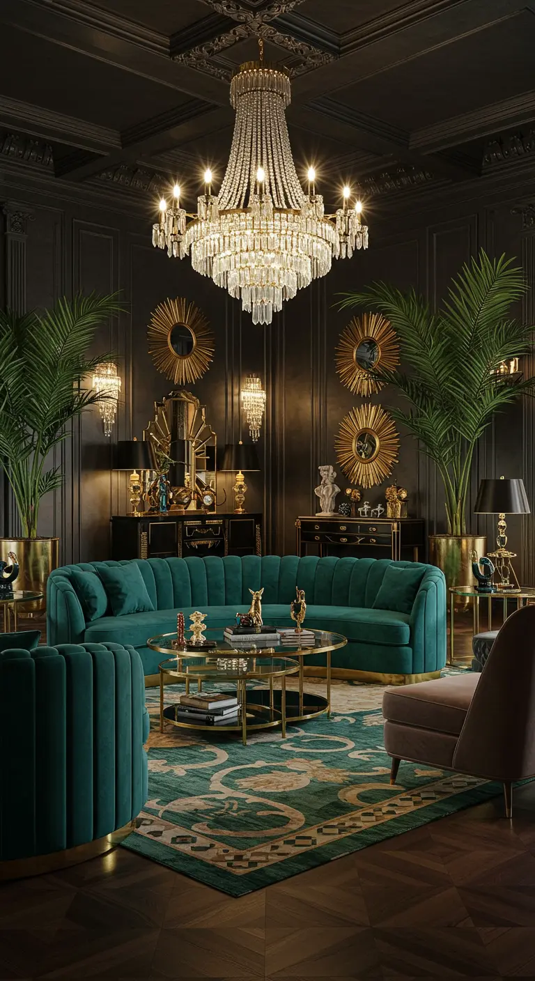Luxe donkere woonkamer met groene fluwelen bank, gouden accenten en grote kroonluchter.