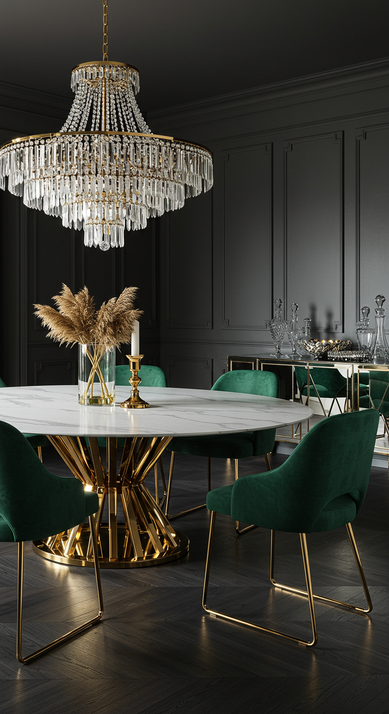 Luxe eetkamer met ronde marmeren tafel, gouden onderstel en groene fluwelen stoelen.