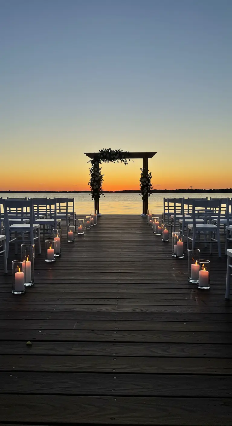 Trouwceremonie op houten pier bij zonsondergang met boog en kaarsen.