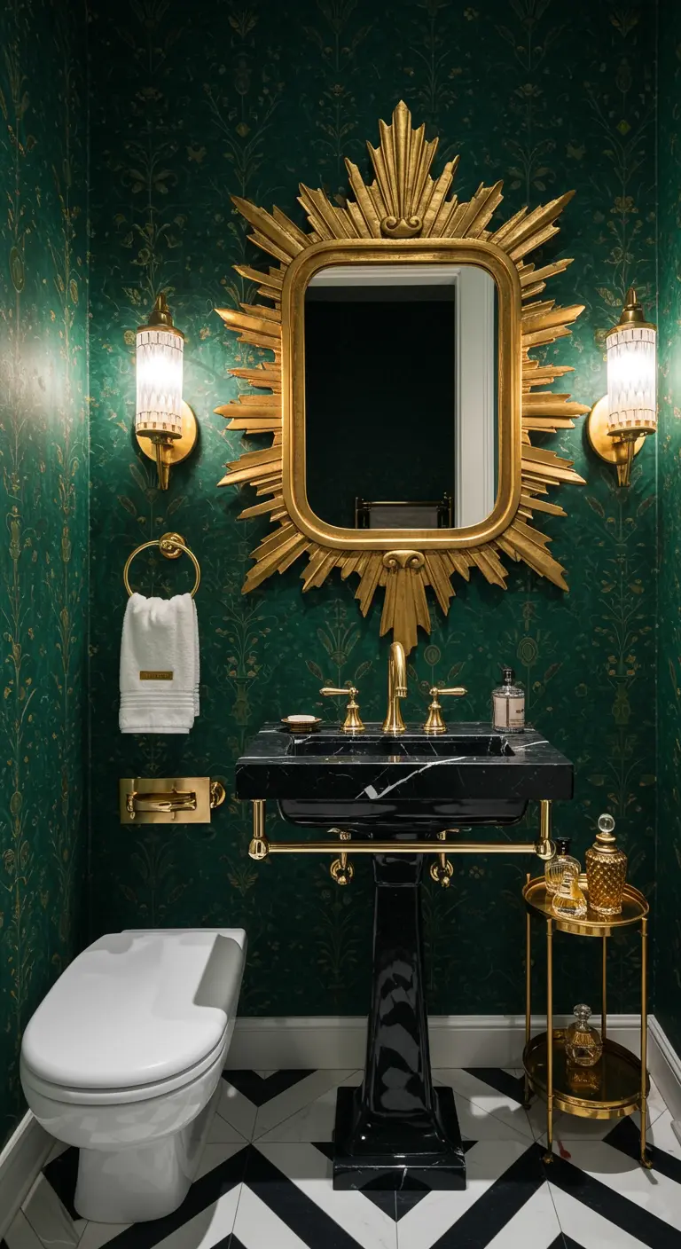 Kleine poederkamer met groen behang, gouden zonnespiegel en zwart marmeren wastafel.