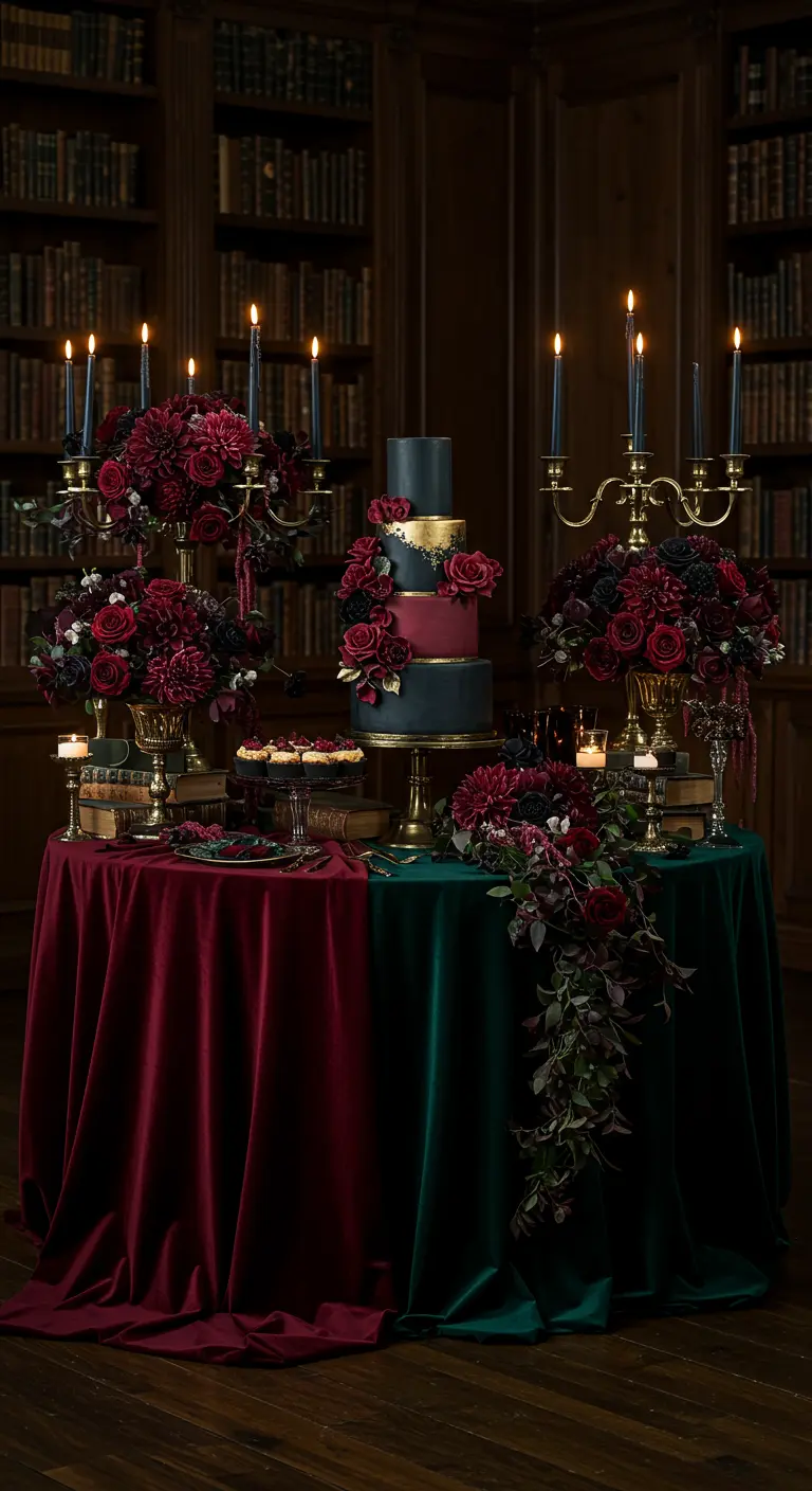 Donkerromantische taarttafel met bordeaux en groen fluweel, kaarsen en dieprode bloemen.