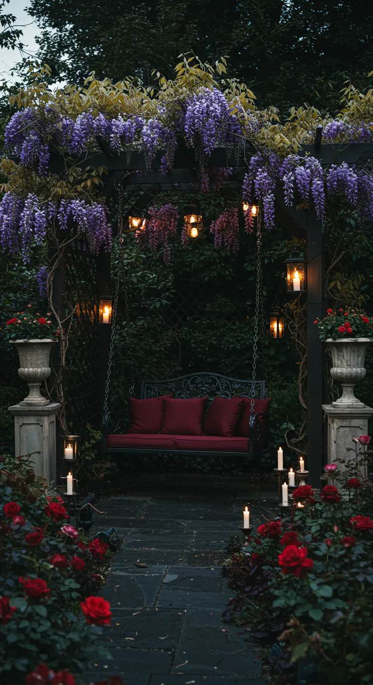 Zwarte pergola met paarse wisteria, rode schommelbank, kaarsen en rode rozen in een donkere tuin.