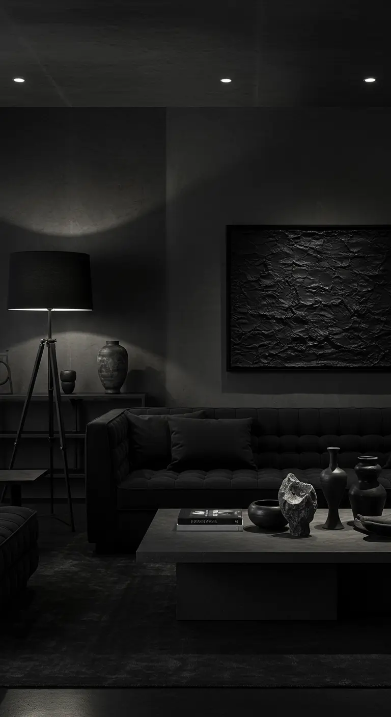 Zwarte woonkamer met een grote vloerlamp die een lichtcirkel op de muur projecteert, abstracte kunst.