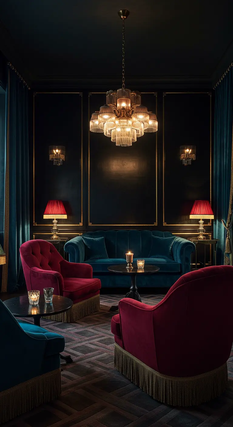 Donkere, luxe woonkamer met teal bank en bordeauxrode fluwelen fauteuils.