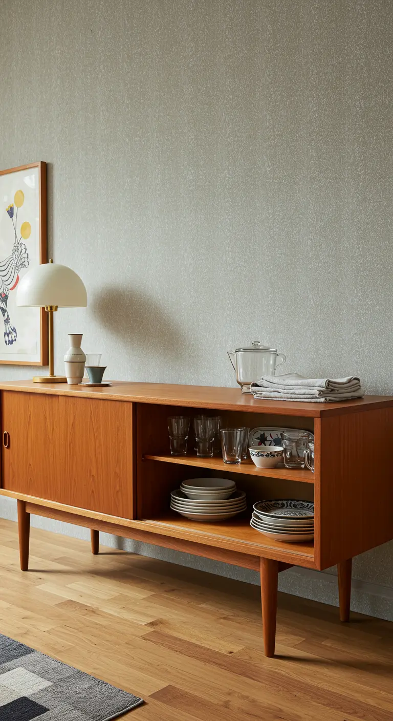 Houten mid-century modern dressoir met open vakken waarin glazen en gestapelde borden staan.