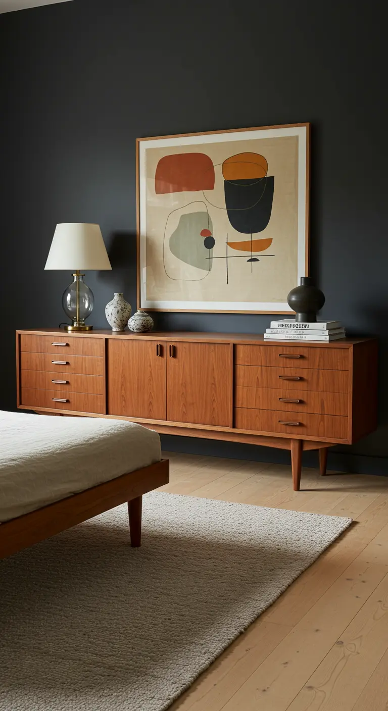 Slaapkamer met donkergrijze muur, walnoothouten dressoir en groot abstract kunstwerk.
