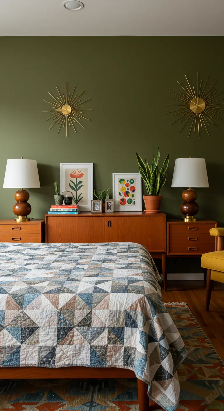 Slaapkamer met dressoir achter bed, gestyled met lampen en planten.