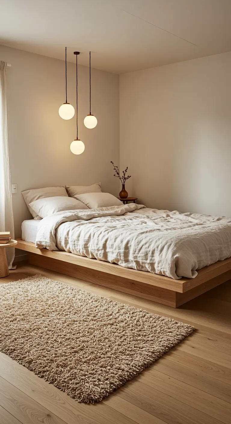 Japandi slaapkamer met laag houten bed, drie pendellampen en een pluizig vloerkleed.