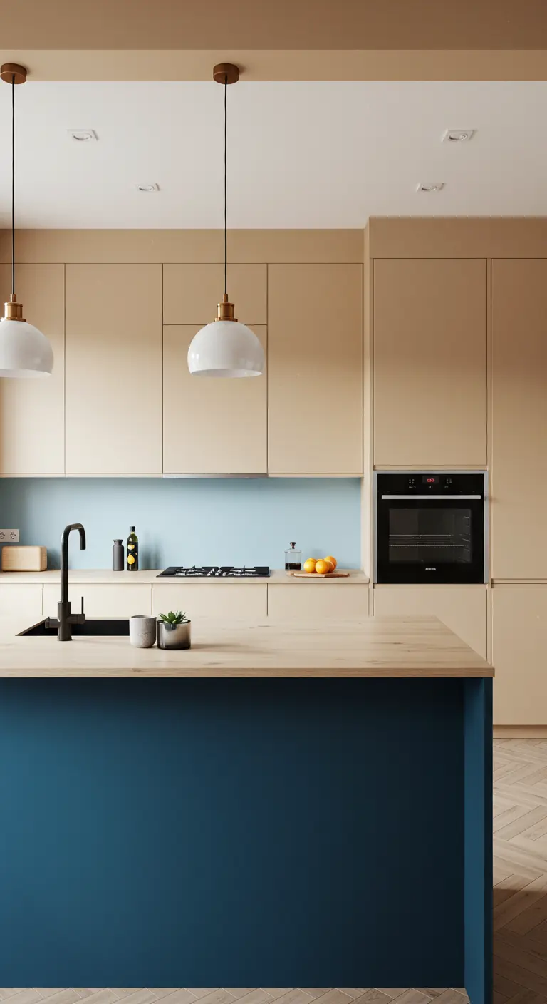 Keuken met licht houten bovenkasten, lichtblauwe achterwand en een donkerblauw kookeiland.