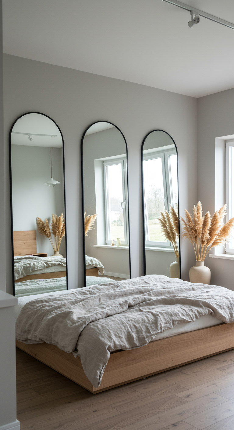 Drie identieke boogspiegels naast elkaar in een lichte, minimalistische slaapkamer.