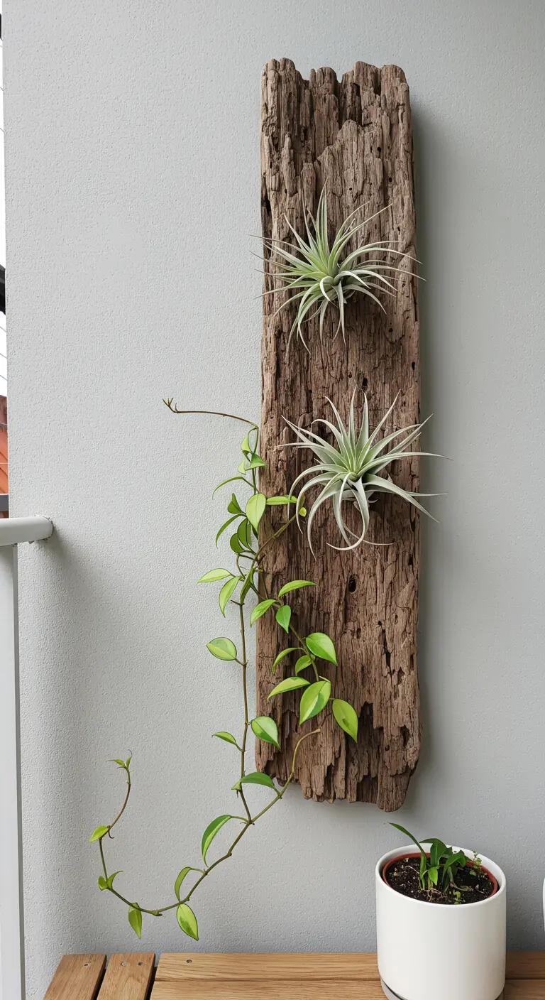 Stuk drijfhout aan de muur met een klimplantje en luchtplantjes erop.