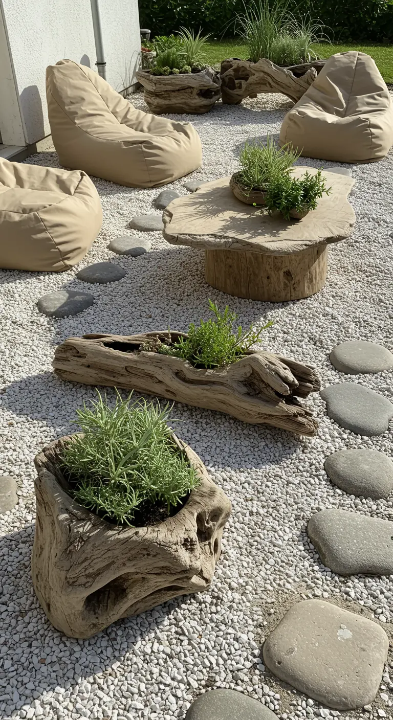 Boho-terras met witte kiezels, drijfhouten plantenbakken met groene planten en comfortabele zitzakken.