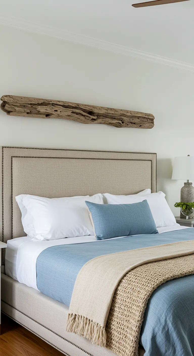 Groot stuk drijfhout horizontaal opgehangen boven een bed met een linnen hoofdbord.