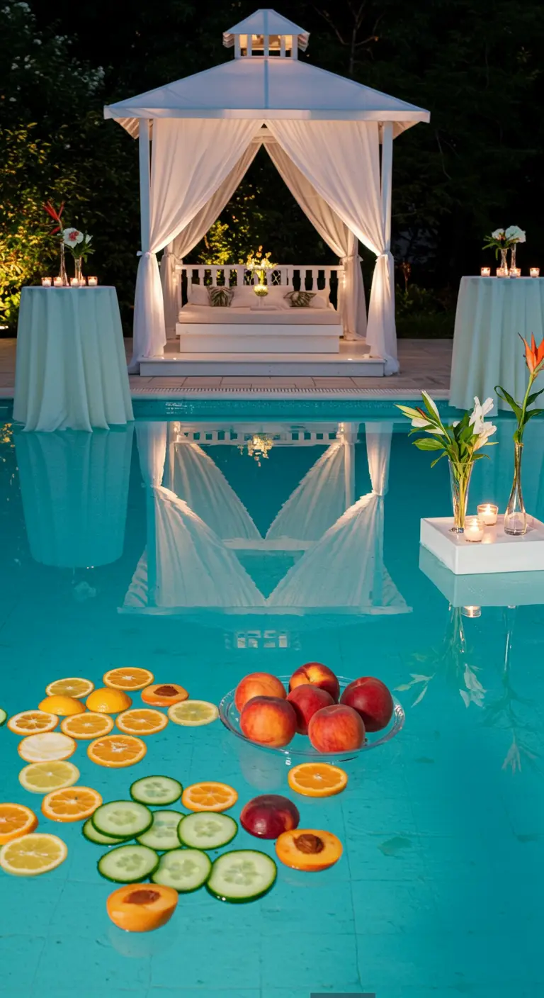Zwembad versierd met drijvende schijven fruit en perziken, met een witte gazebo op de achtergrond.