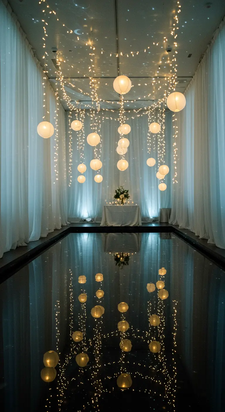 Witte lampionnen en lichtjes hangen boven een donker, reflecterend wateroppervlak.