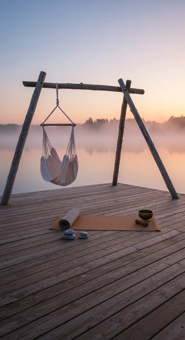Canvas hangmat aan houten frame op vlonder bij mistig meer tijdens zonsopgang.