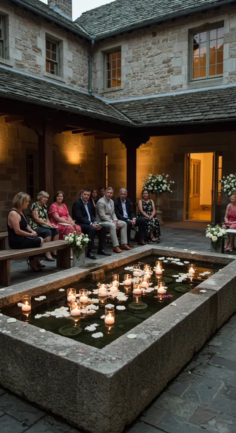 Stenen waterbassin gevuld met water, drijvende kaarsen en bloemblaadjes tijdens ceremonie.