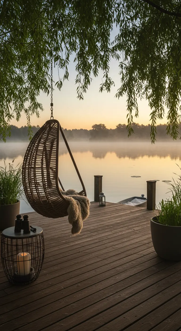 Rotan hangstoel op een houten vlonder aan een mistig meer bij zonsopgang.