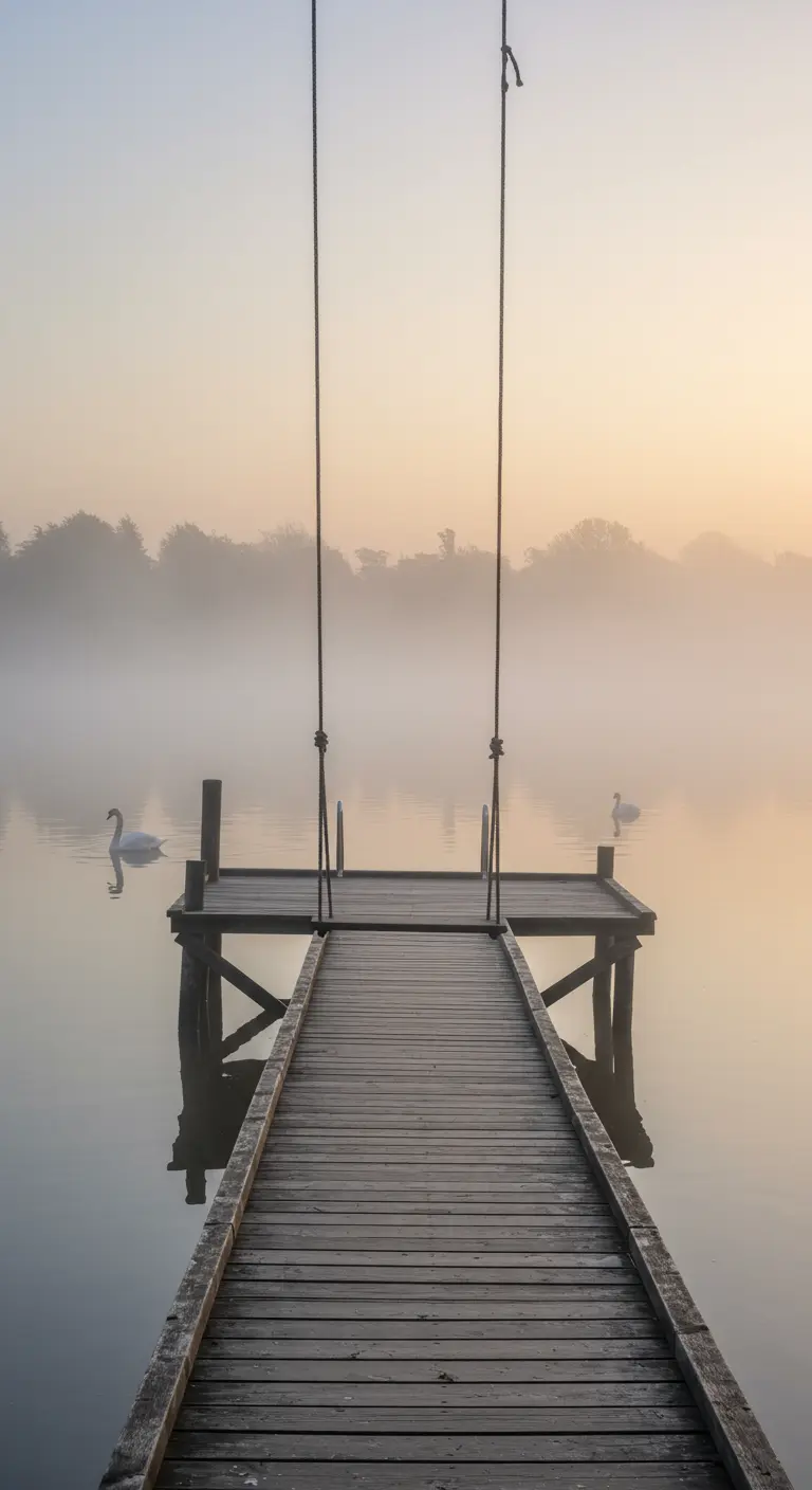 Eenvoudige schommel aan een steiger boven een mistig meer met zwanen en zacht ochtendlicht.