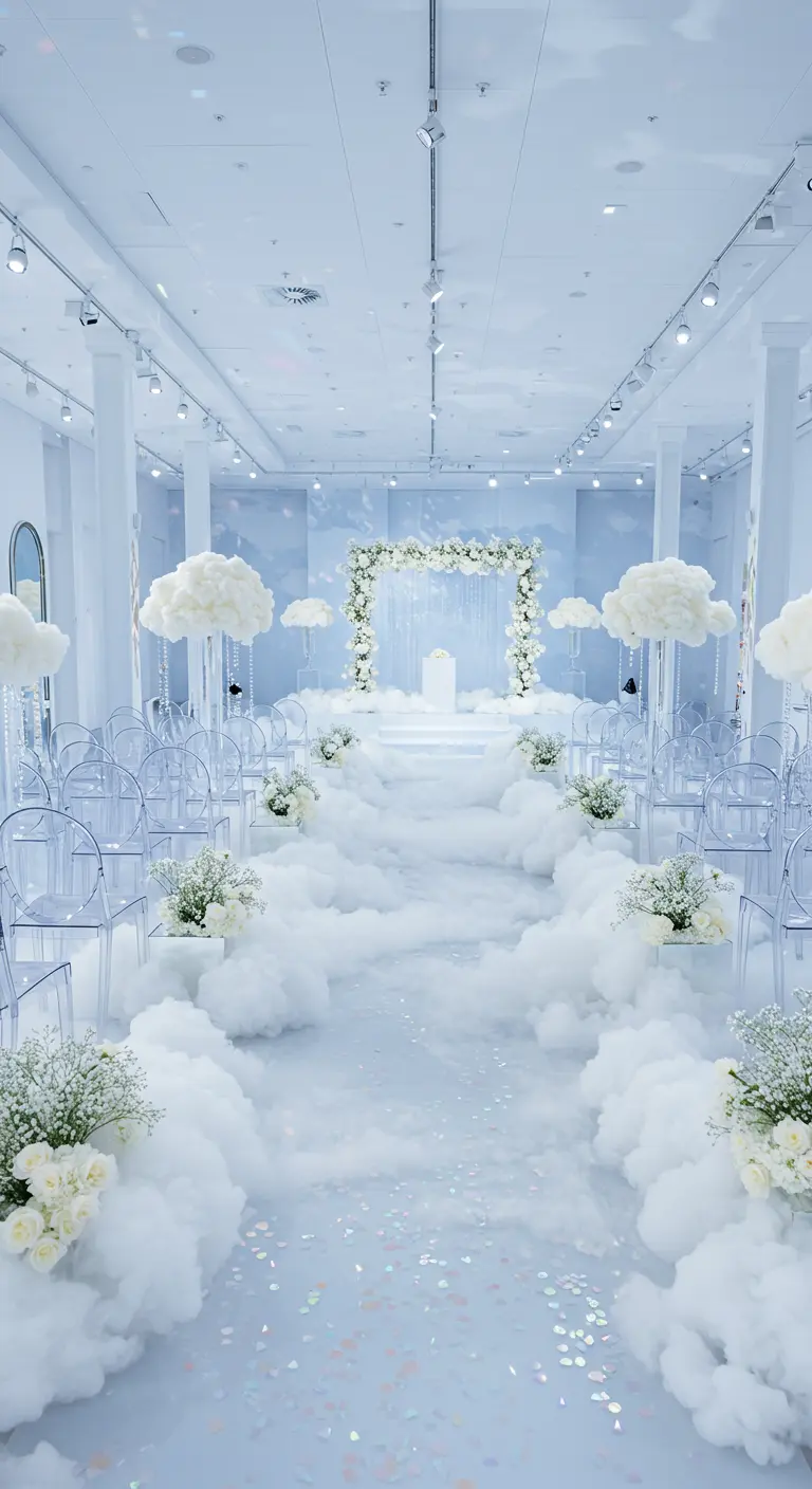 Witte bruiloftsceremonie met wolkendecoraties, transparante stoelen en witte bloemen.