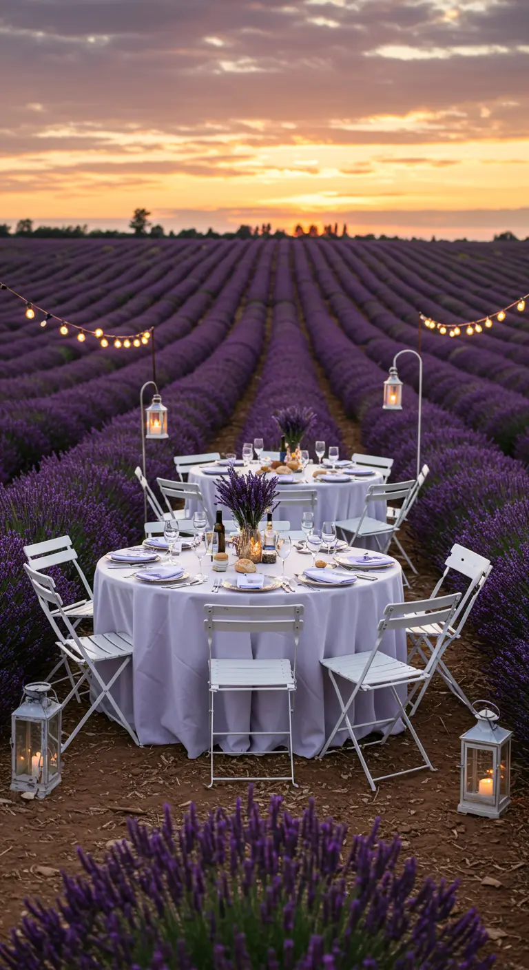 Ronde bruiloftstafels met witte kleden en lavendeldecoratie in een lavendelveld bij zonsondergang.