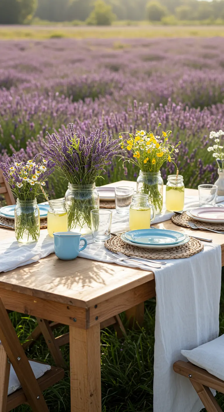 Zomerse brunchtafel in lavendelveld met veldbloemen en linnen.