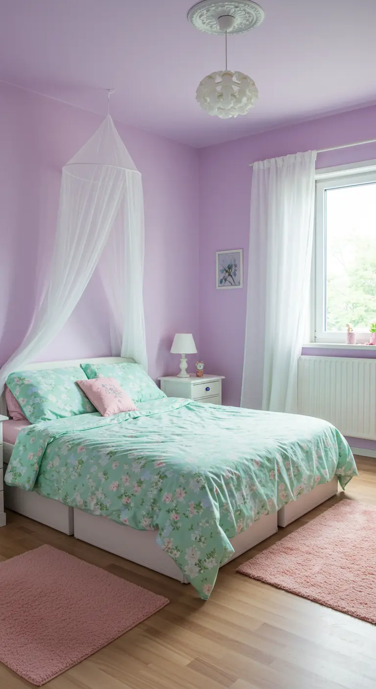 Zachte lila slaapkamer met een witte klamboe boven het bed en mintgroen bloemenprint beddengoed.