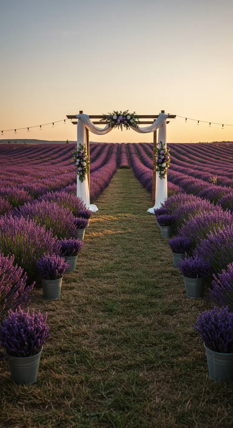 Ceremonieopstelling in lavendelveld met houten boog, witte doeken en lichtslinger.
