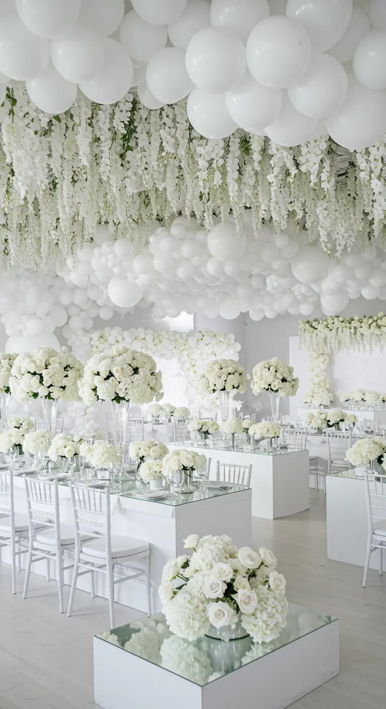 Witte feestzaal met plafond vol witte ballonnen en hangende witte bloemen.