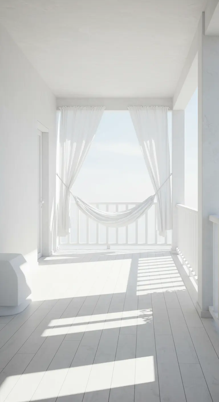 Witte hangmat op een volledig wit balkon met witte gordijnen.