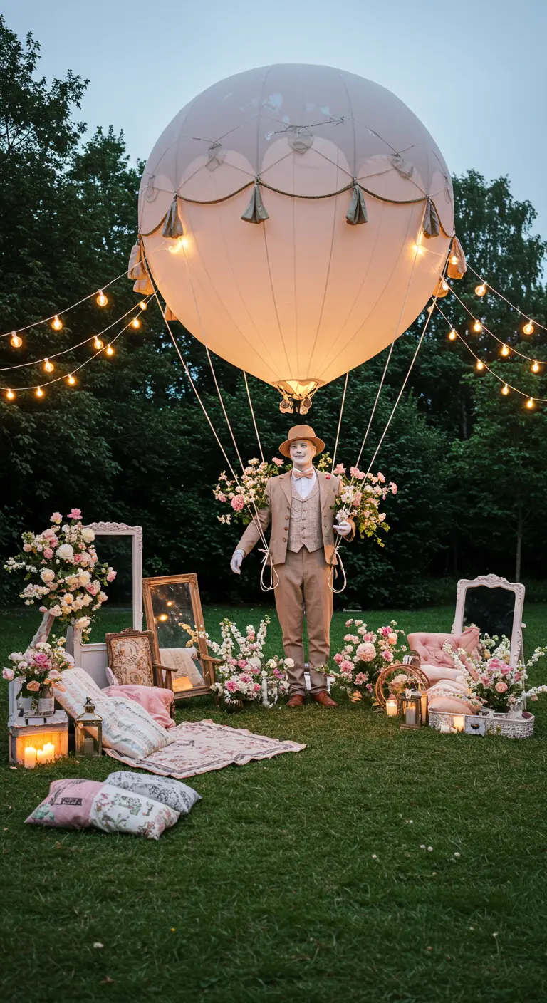 Tuinsetting met een grote, verlichte luchtballon prop, acteur en vintage picknickdecoratie.