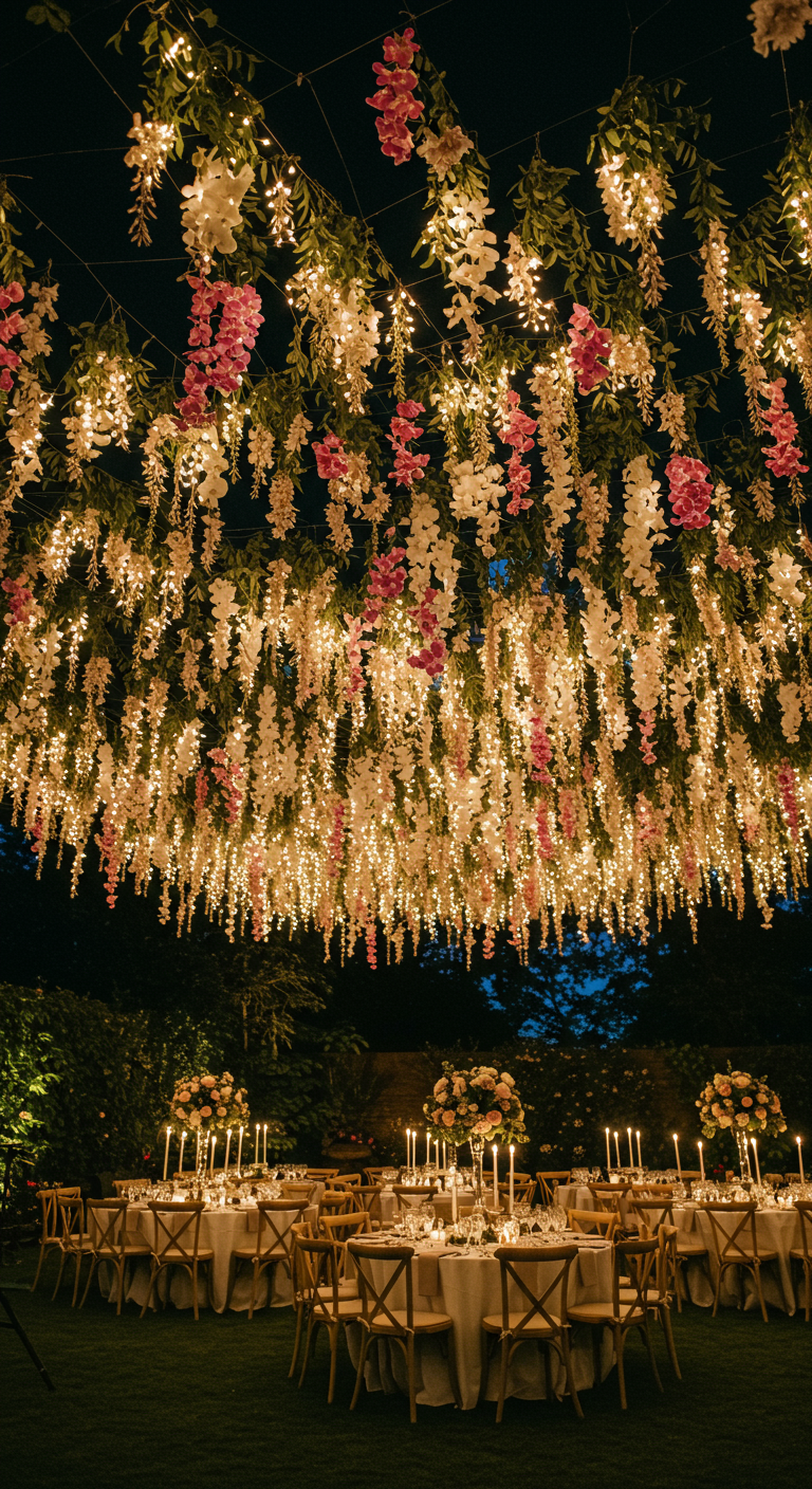 Plafond van hangende bloemen en lichtjes boven feesttafels in tuin.