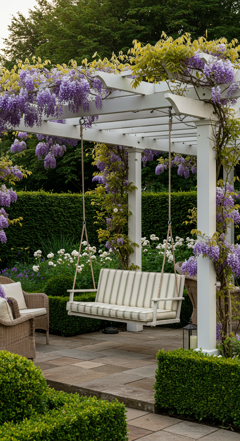 Witte houten schommelbank onder pergola begroeid met paarse blauweregen.